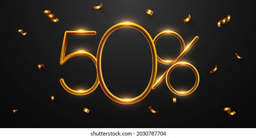 50 percent Off. Discount creative composition of golden balloons. 3d mega sale 50% or fifty percent bonus symbol with confetti. Sale banner and poster. Vector illustration.
