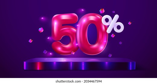 50 percent Off. Discount creative composition. Mega sale 50% neon banner. Vector illustration.