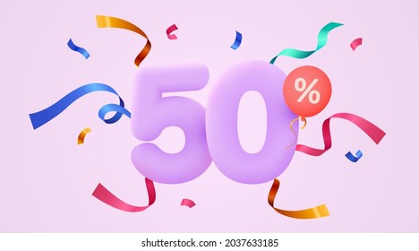 50 percent Off. Discount creative composition. 3d sale symbol with decorative confetti. Sale banner and poster. Vector illustration.