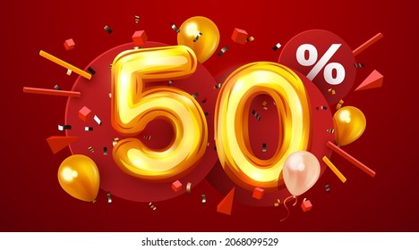 50 percent Off. Discount creative composition. 3d golden sale symbol with decorative balloons and confetti. Sale banner and poster. Vector illustration.