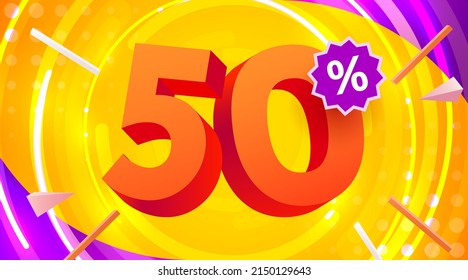 50 percent Off. Discount creative composition. 3d mega sale symbol with decorative objects. Sale banner and poster. Vector illustration.