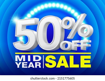 50 percent off discount creative elements. Numbers 50 white 3d promotion business sale special discount on blue background with spotlights.