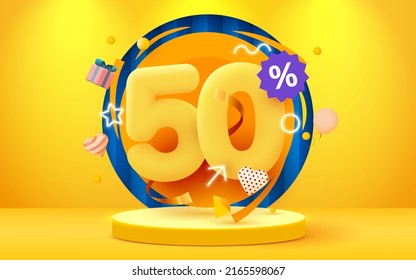 50 percent Off. Discount creative composition. Sale symbol with decorative objects. Sale banner and poster. Vector illustration.