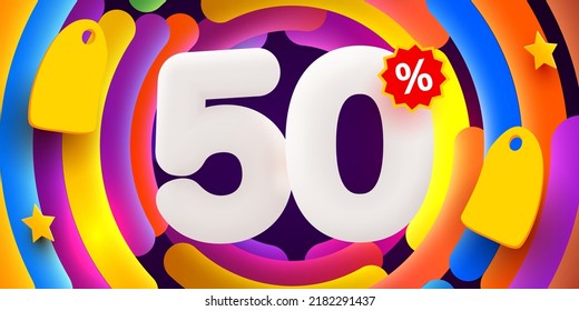 50 percent Off. Discount creative composition. 3d sale symbol with decorative objects. Sale banner and poster. Vector illustration.