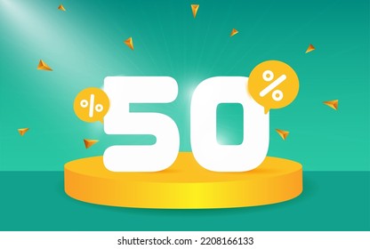 50 percent Off. Discount creative composition. 3d sale symbol with decorative objects, podium. Sale banner and poster