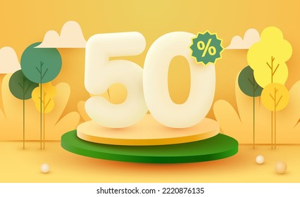 50 percent Off. Discount creative composition. 3d sale symbol with decorative objects and podium. Sale banner and poster. Vector illustration.