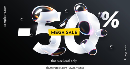 50 percent Off. Discount creative composition with water drops. Fresh Sale banner and poster. Vector illustration.