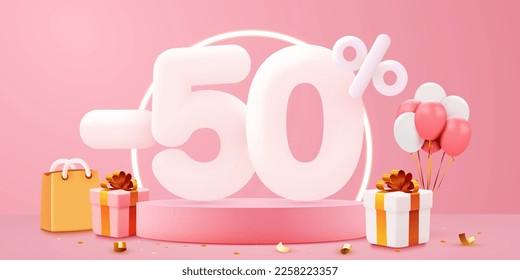 50 percent Off. Discount creative composition. Sale symbol with decorative objects, balloons and gift box. Sale banner and poster. Vector illustration.