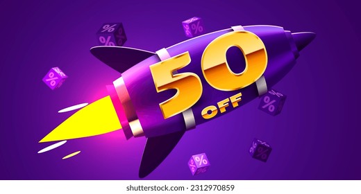 50 percent Off. Discount creative composition with rocket. Mega Sale. Vector illustration.
