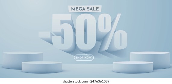 50 percent Off. Discount creative composition. Product presentation, mock up, podium. Sale banner and poster. Vector illustration.