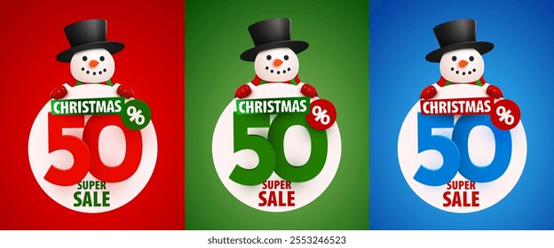 50 percent Off. Discount creative composition with snowman in hat. Merry Christmas and Happy New Year. Sale banner set. Vector illustration.