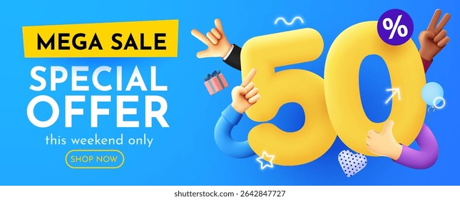 50 percent Off. Discount creative composition. Product presentation, mock up, podium. Sale banner and poster. Vector illustration.