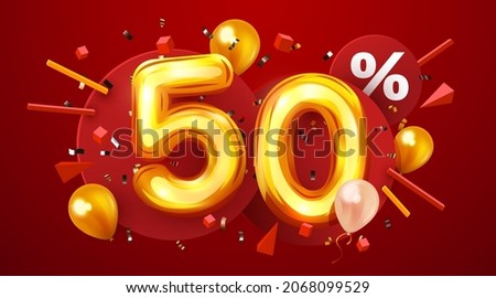 50 percent Off. Discount creative composition. 3d golden sale symbol with decorative balloons and confetti. Sale banner and poster. Vector illustration.