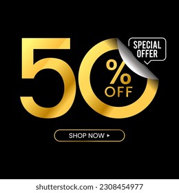 50 Percent Off Discount. Golden Numbers With Percent Sign And Unique Zeros In Black Background. Special Offer. Vector Illustration