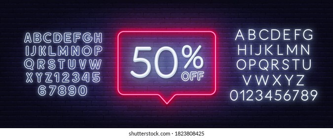50 Percent Off Discount Neon Sign On Brick Wall Background