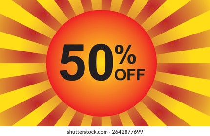 50 percent off. Discount on your price. Number in black color and background composed of a graphic element representing a sun with rays in red and yellow.
