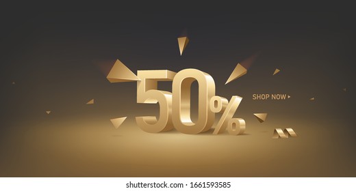 50 percent off discount sale background. 3D golden numbers with percent sign and arrows. Promotion template design.