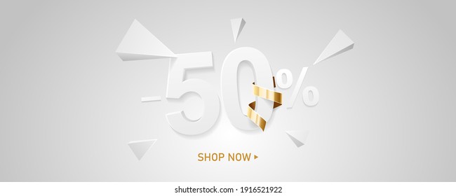 50 percent off discount sale background. White 3D number with percent sign and golden ribbon. Promotion template design.
