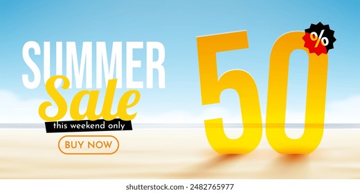 50 percent Off. Discount summer composition. Ocean beach. Sale banner and poster. Vector illustration.