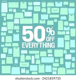 50 percent off everything, half price, discounts banner template with shopping bags pattern on a background