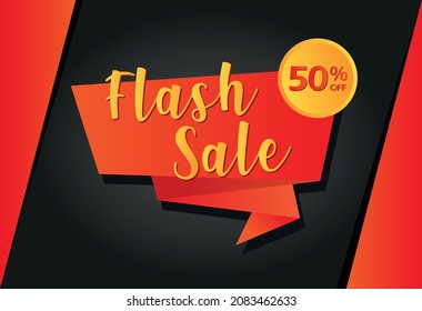 50 percent off. Flash Sale. Banner. Special offer. Discount offer price tag. Red. Yellow. Black background