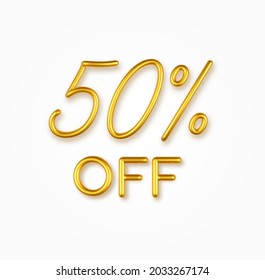 50 percent off golden realistic text on a light background.
