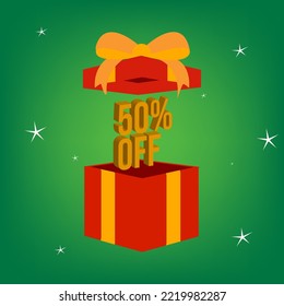 50 percent off. Green banner with 10% off in 3d between a gift box for Christmas promotions and offers.
