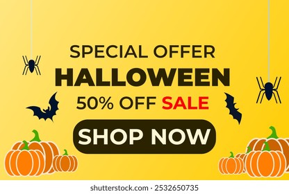 50 percent off with Halloween pumpkins on the sides. sale banner, numbers with amount of discount. Special October offer, holiday promotion, cartoon vector illustration