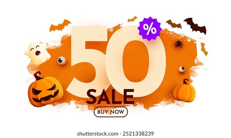 50% de desconto. Modelo de banner de venda de Halloween. Pódio e números com quantia de desconto. Oferta especial de outubro. Ilustração vetorial.