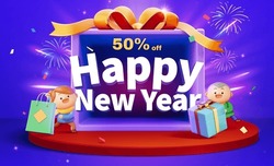 50 Percent Off Happy New Year Text In Front Of Gift Box With Cute Kids Holding Shopping Bag And Gift Box Standing On Podium. Purple Radial Light And Fireworks On Blue Background.
