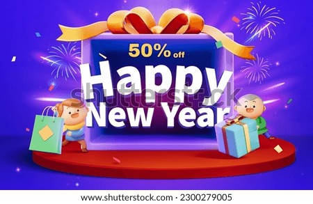 50 percent off Happy New Year text in front of gift box with cute kids holding shopping bag and gift box standing on podium. Purple radial light and fireworks on blue background.