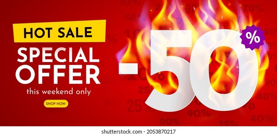 50 percent Off. Hot sale banner with burning numbers. Discount poster. Vector illustration