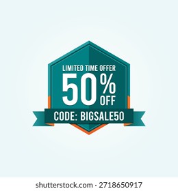 50 por ciento de descuento en el diseño de Vector de etiquetas con código de descuento para la venta, promoción y compras