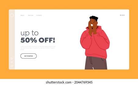 Up to 50 Percent Off Landing Page Template. Young African Man Surprised Emotion. Astonished Male Character Stunned or Shocked Expression. Person with Open Mouth Surprise. Cartoon Vector Illustration