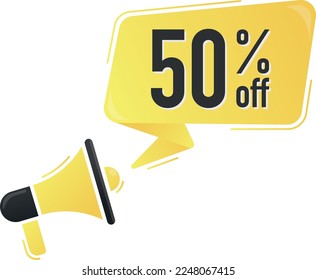 50 percent off. Megaphone and colorful yellow speech bubble with quote. Blog management, blogging and writing for website. Concept poster for social networks, advertising, banner