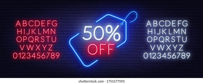 50 percent off neon sign on brick wall background