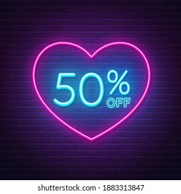 50 percent off neon sign in a heart shape frame. Valentine day discount lighting design.