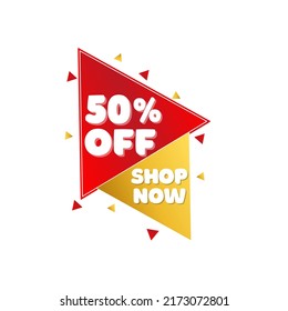 50% percent off (offer), red and yellow 3D triangle design, discount sticker, Vector illustration, shop now. Fifty 