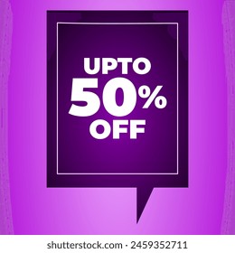 Up to 50 percent off on purple vertical rectangle chat icon. Up to 50% off chat icon on radial gradient purple background. 