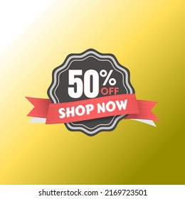 50% percent off, with online discount label design, buy now icon in black and red flag and yellow background, Big sale
