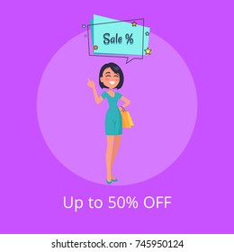 Up to 50 percent off poster with woman thinking about sales, dressed in blue gown. Speech bubble with color stars vector illustration on purple