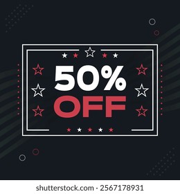 50 Percent Off Promotion with Stars on Dark Background