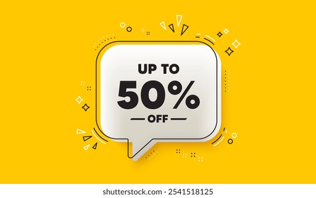 Up to 50 percent off sale. 3d speech bubble yellow banner. Discount offer price sign. Special offer symbol. Save 50 percentages. Discount tag chat speech bubble message. Talk box infographics. Vector