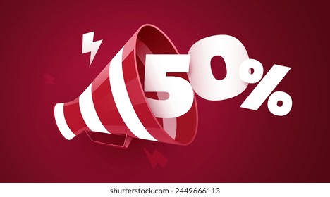 50 percent off. Sale banner with 3D megaphone. Vector illustration