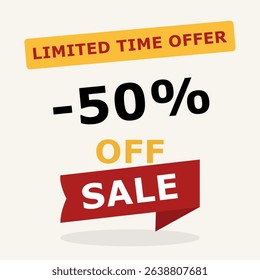 50 percent off sale banner. Limited time offer message with bold discount in red and black. Vector illustration for promotion, e-commerce and marketing.