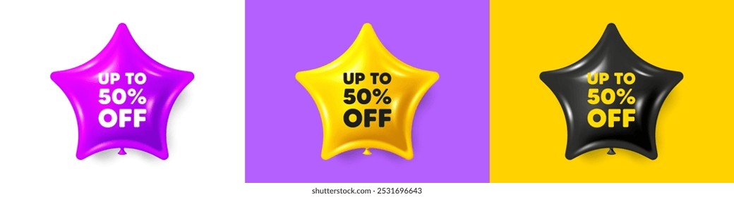 Up to 50 percent off sale. Birthday star balloons 3d icons. Discount offer price sign. Special offer symbol. Save 50 percentages. Discount tag text message. Party balloon banners with text. Vector