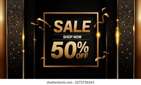 50 percent off sale black gold background, luxury image abstract, overlap layer shadow gradients space composition, 3840 x 2160 monitor size for banner, template design