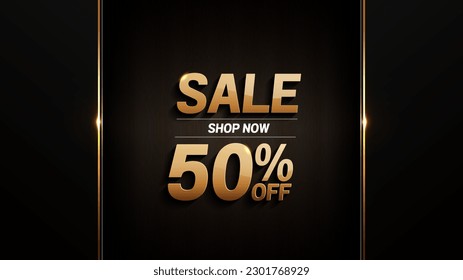 50 percent off sale black gold background, luxury image abstract, overlap layer shadow gradients space composition, 3840 x 2160 monitor size for banner, template design