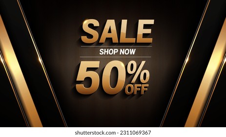 50 percent off sale black gold background, luxury image abstract, overlap layer shadow gradients space composition, 3840 x 2160 monitor size for banner, template design