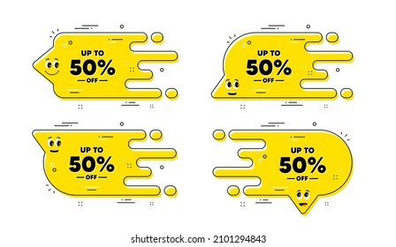 Up to 50 percent off Sale. Cartoon face transition chat bubble. Discount offer price sign. Special offer symbol. Save 50 percentages. Discount tag pattern message. Character chat bubble. Vector